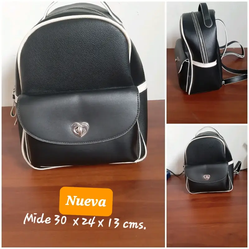 Mochila negra de cuero sintético con detalles blancos