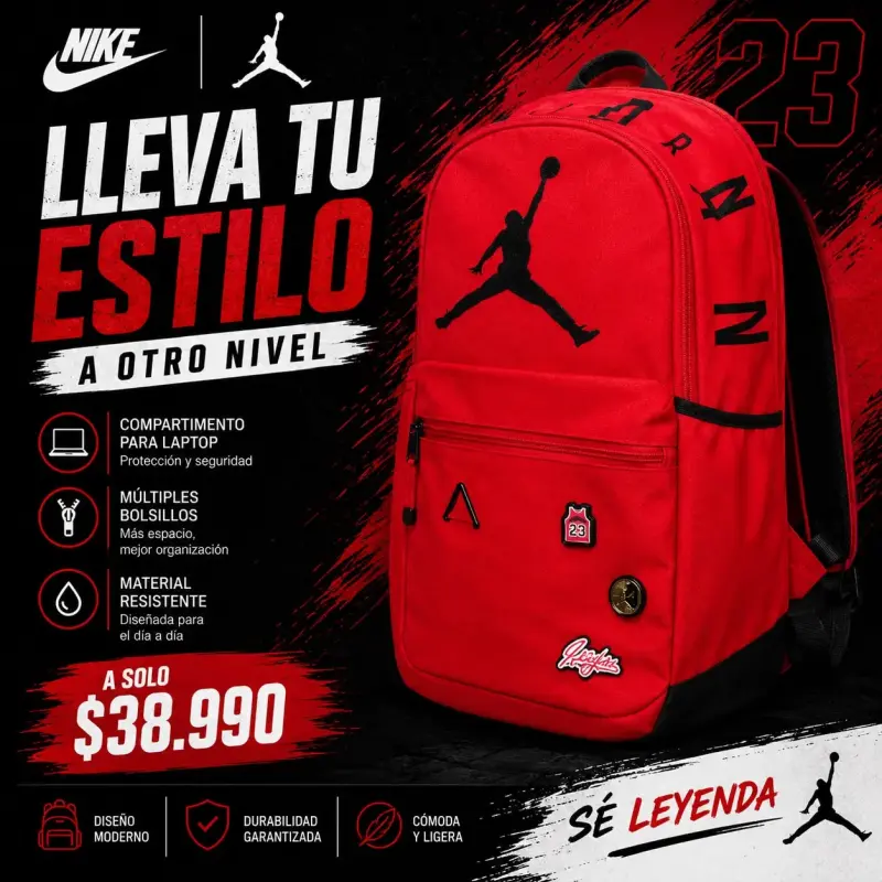 Mochila Nike Air Jordan roja con compartimento para laptop - 1