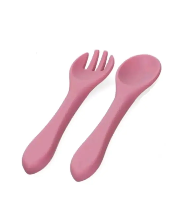 Set de cubiertos infantiles de silicona rosa - 1