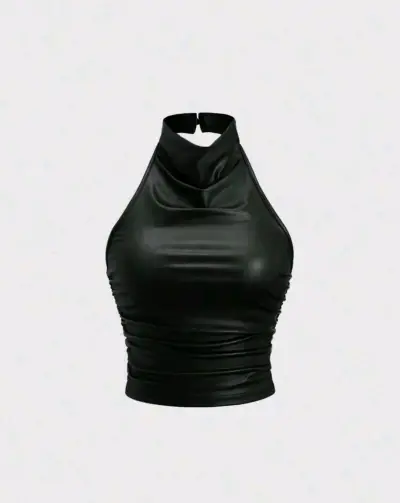 Top halter negro de cuero sintético - miniatura 1