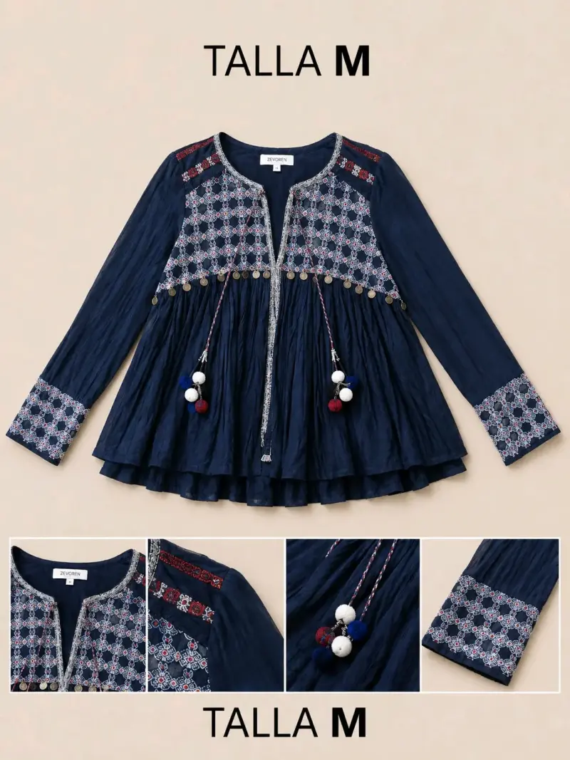 Blusa bohemia azul con bordados y pompones