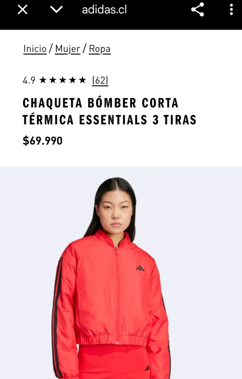 Chaqueta Bomber Térmica Roja Adidas Essentials. - 1