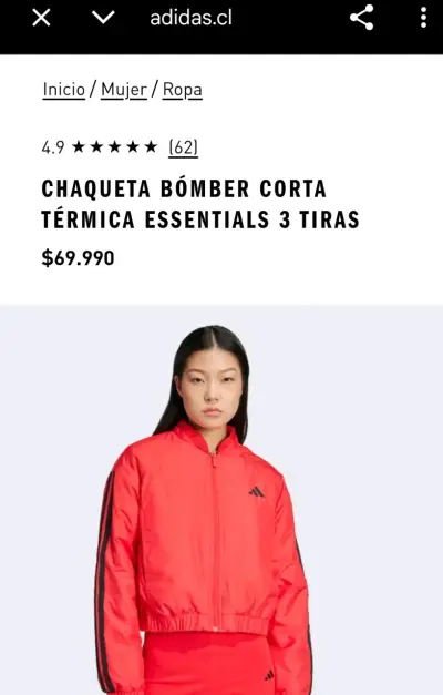 Chaqueta Bomber Térmica Roja Adidas Essentials. - miniatura 1