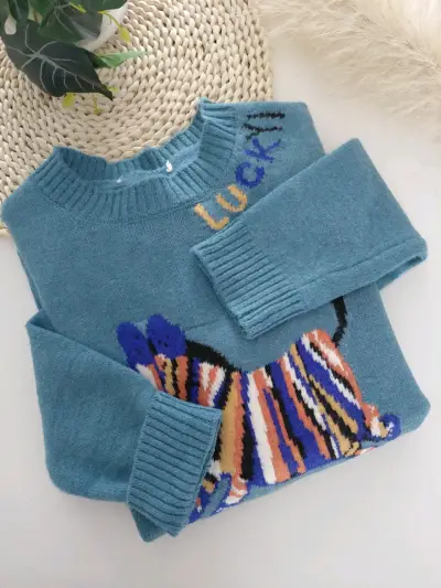 Suéter azul con diseño de cebra y texto 'Lucky' - miniatura 2