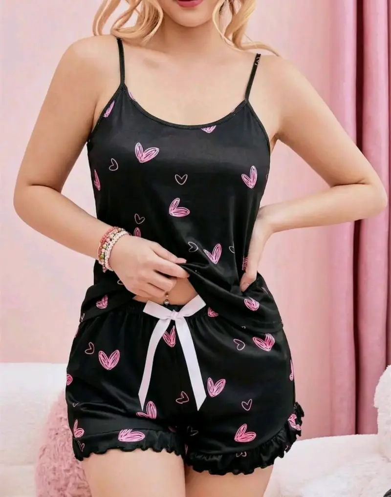 Pijama de mujer negro con corazones rosas - 2