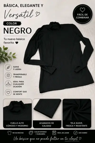 Polera Cuello Alto Negra Básica y Versátil - miniatura 1