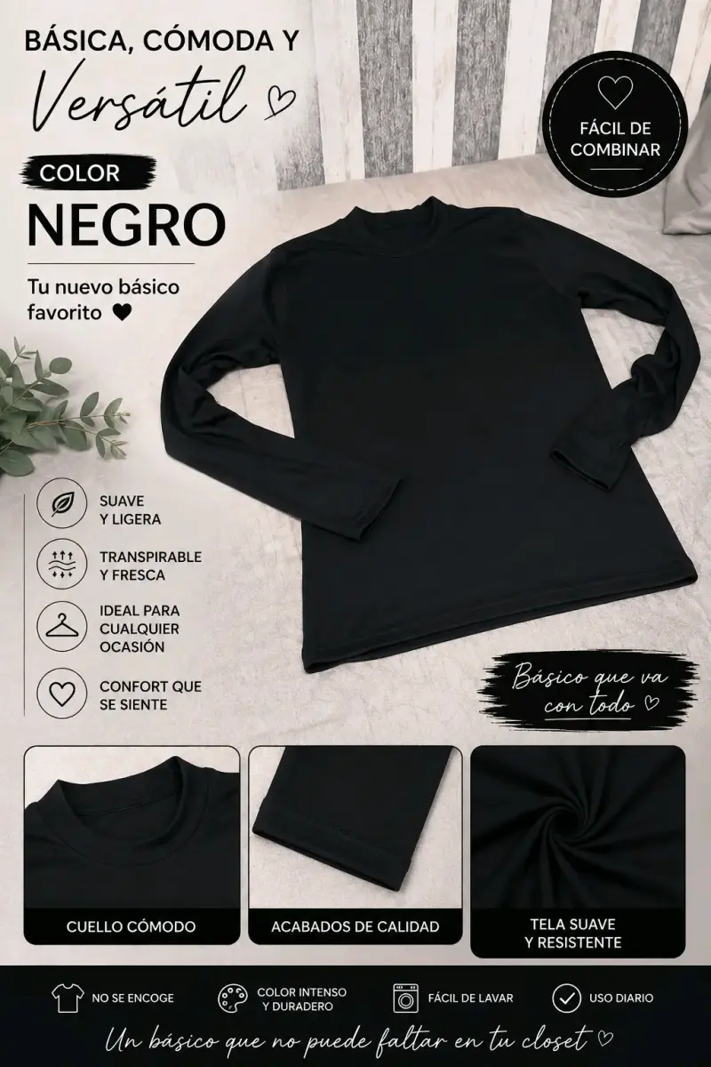 Polera Cuello Alto Negra Básica y Versátil - 2