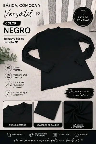 Polera Cuello Alto Negra Básica y Versátil - miniatura 2