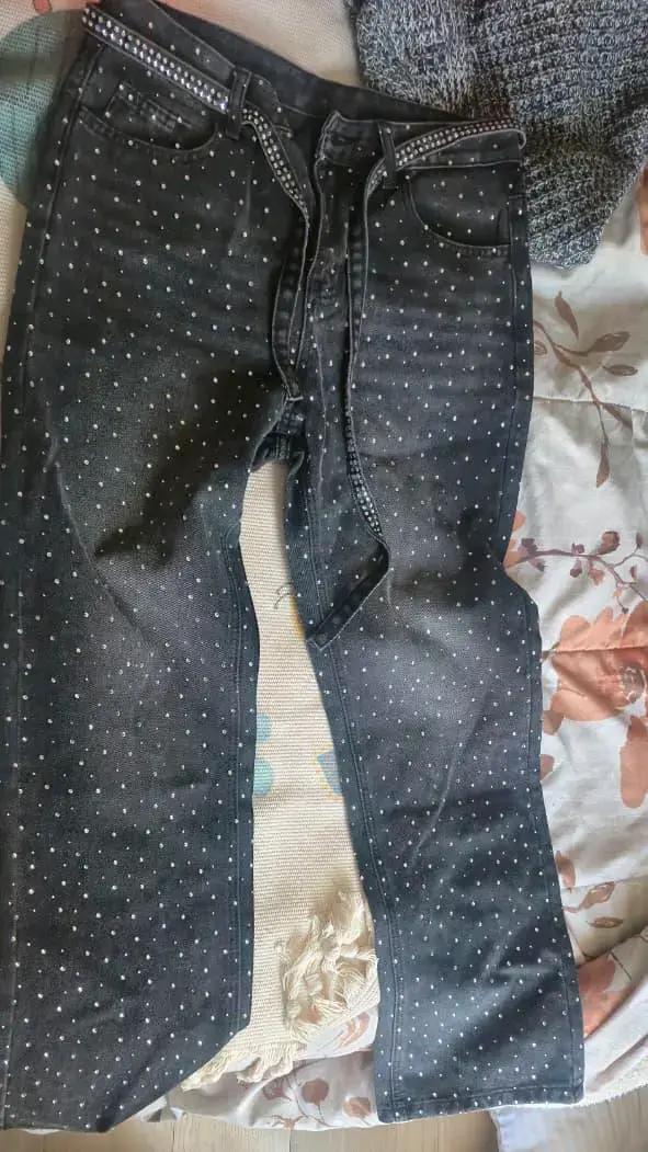 Jeans negros con diamantes de imitación unisex - 1