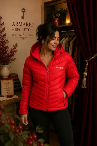 Chaqueta Columbia roja con capucha para mujer - miniatura 2