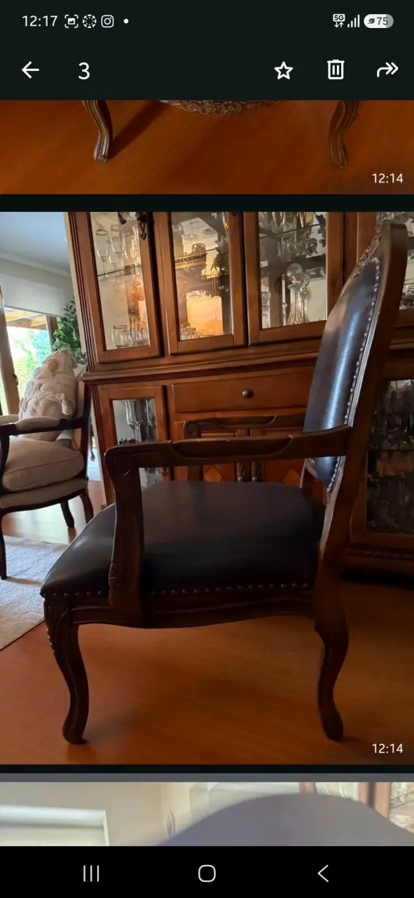 Silla de madera clásica con tapiz de cuero negro - 6