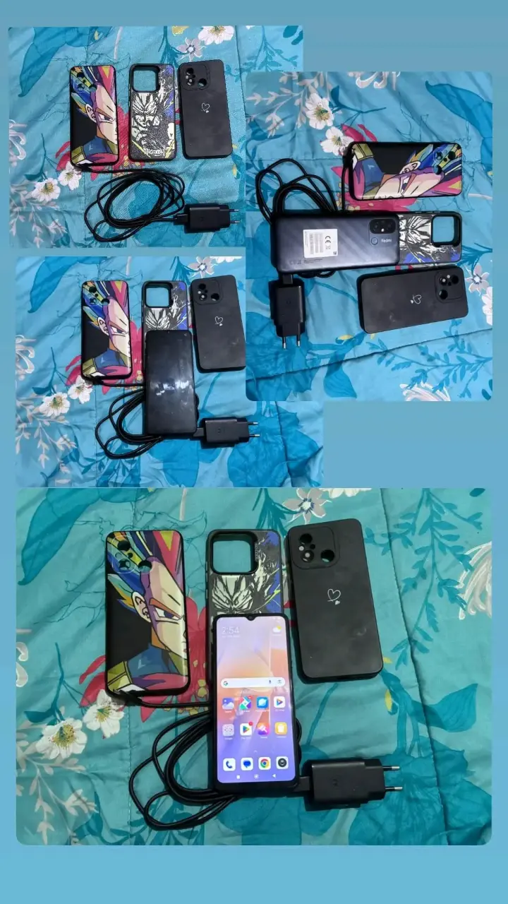 Smartphone Redmi con fundas y cargador