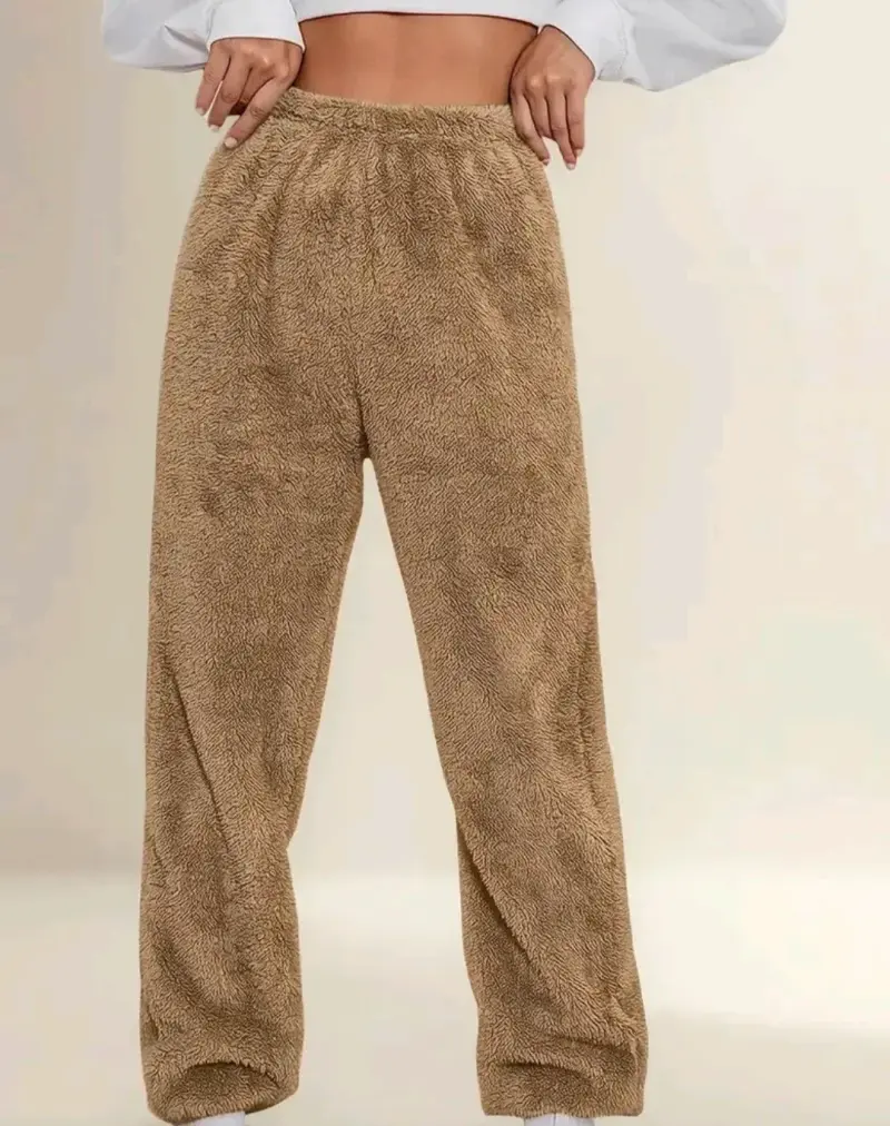 Pantalones de felpa color beige para mujer - 1