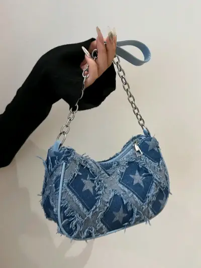 Bolso de mano denim con estrellas y cadena - miniatura 1
