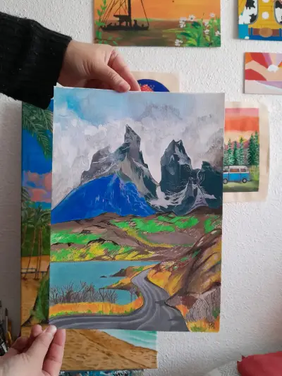 Cuadro Pintado a Mano Paisaje Montañoso - miniatura 1