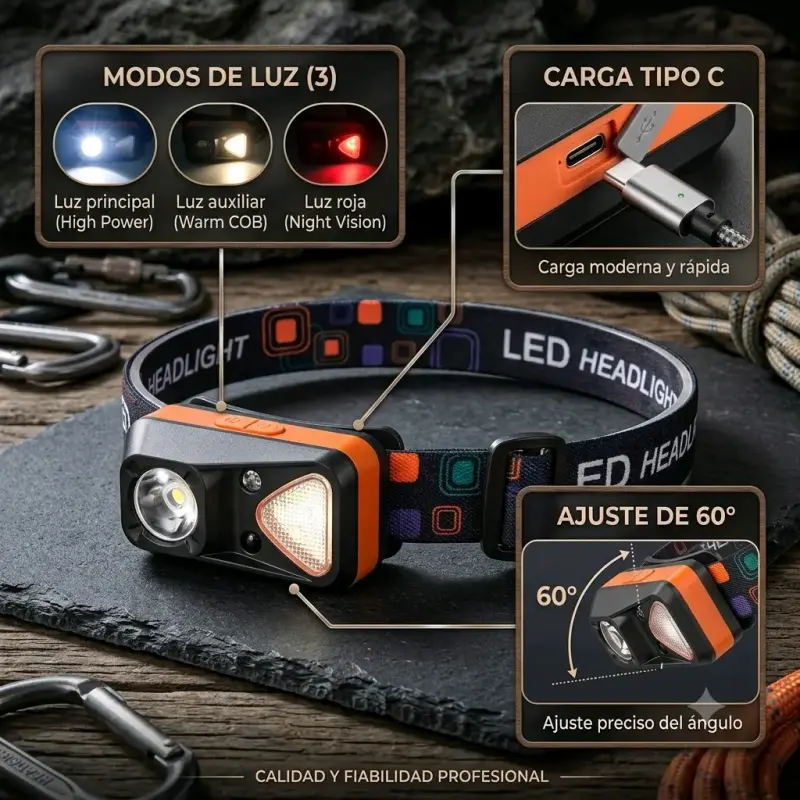 Linterna Frontal LED Recargable con Modos de Luz - 1