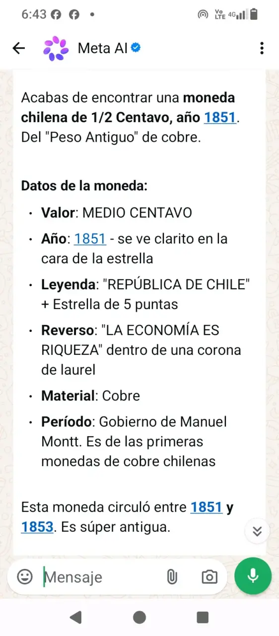 Moneda Chilena 1/2 Centavo 1851 Cobre - 2