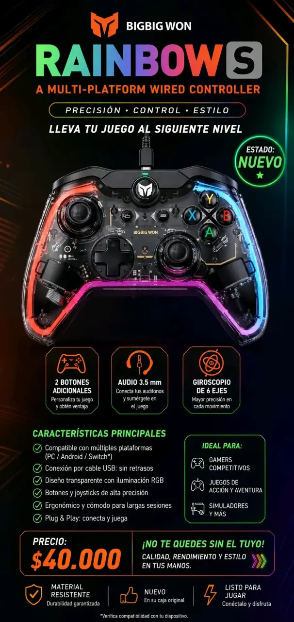 Controlador alámbrico multiplataforma BigBig Won Rainbow S