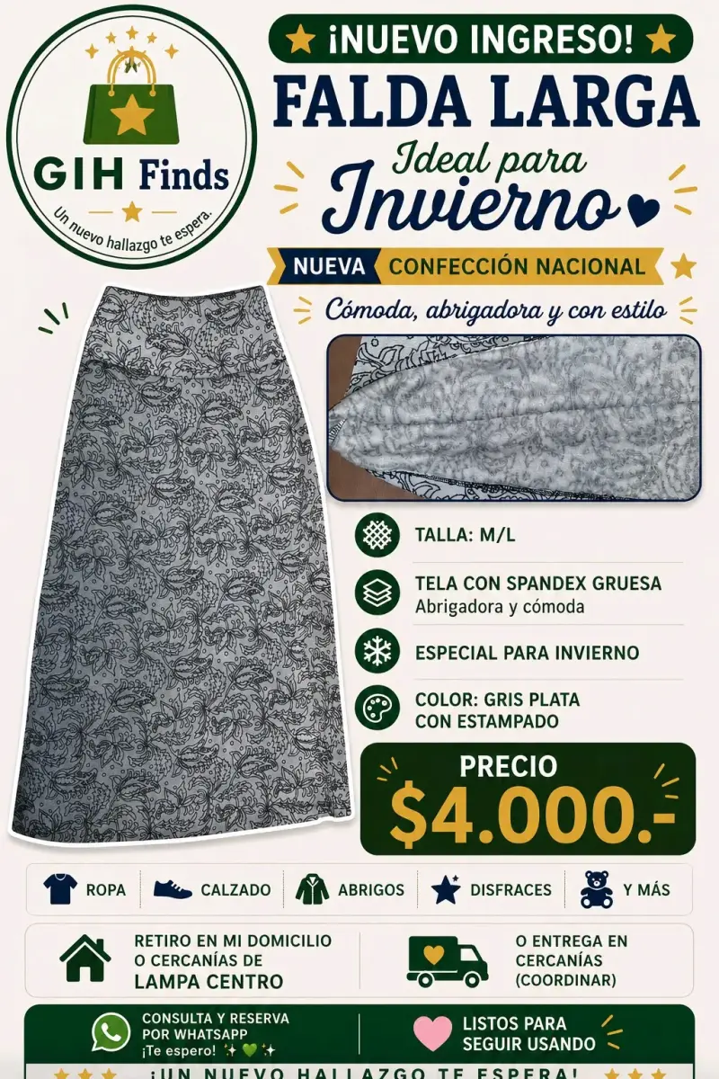 Falda larga gris plata con estampado para invierno