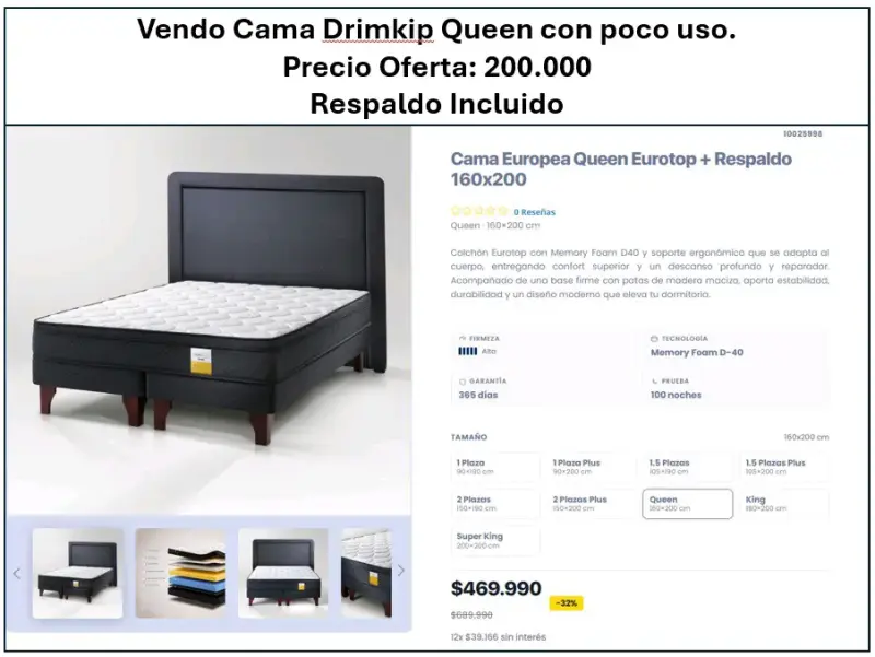 Cama Drimkip Queen Eurotop con Respaldo