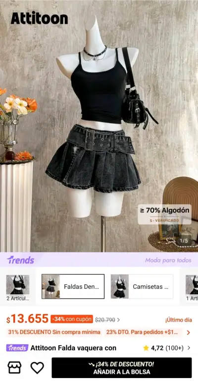Falda de mezclilla plisada para mujer - miniatura 3