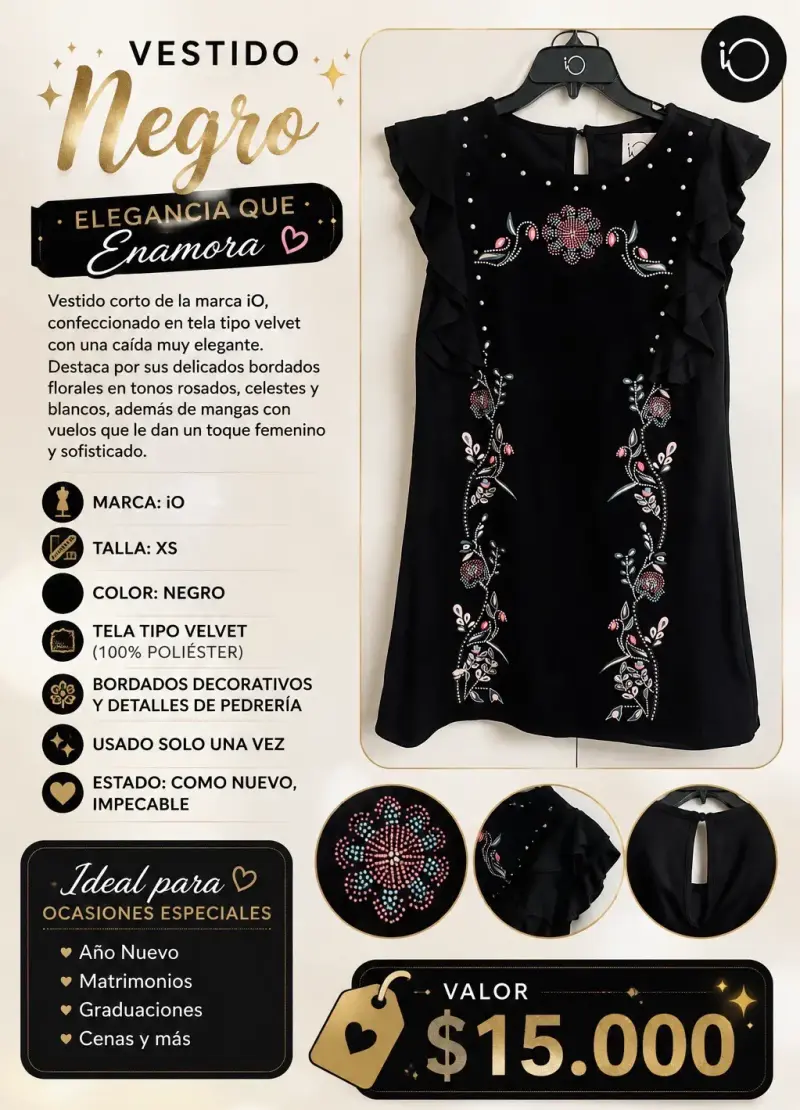 Vestido negro elegante con bordados iO