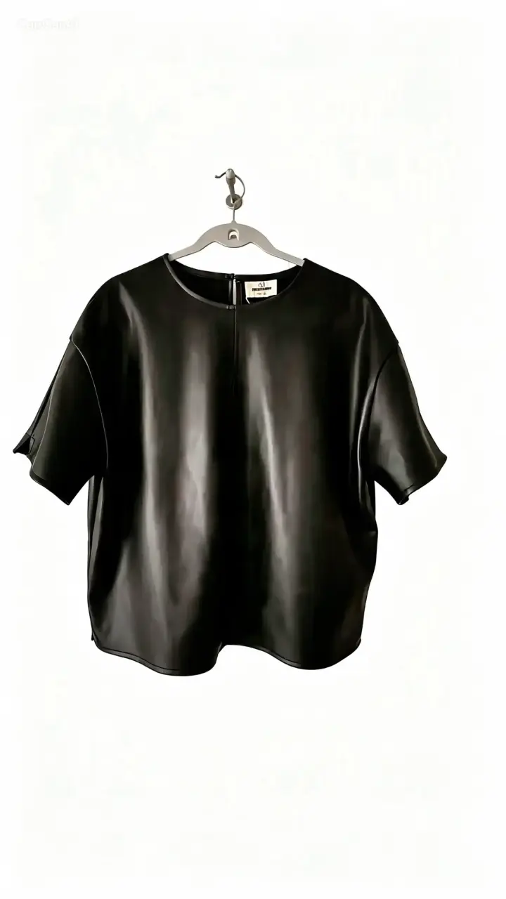 Polera de ecocuero negra con etiqueta - 1
