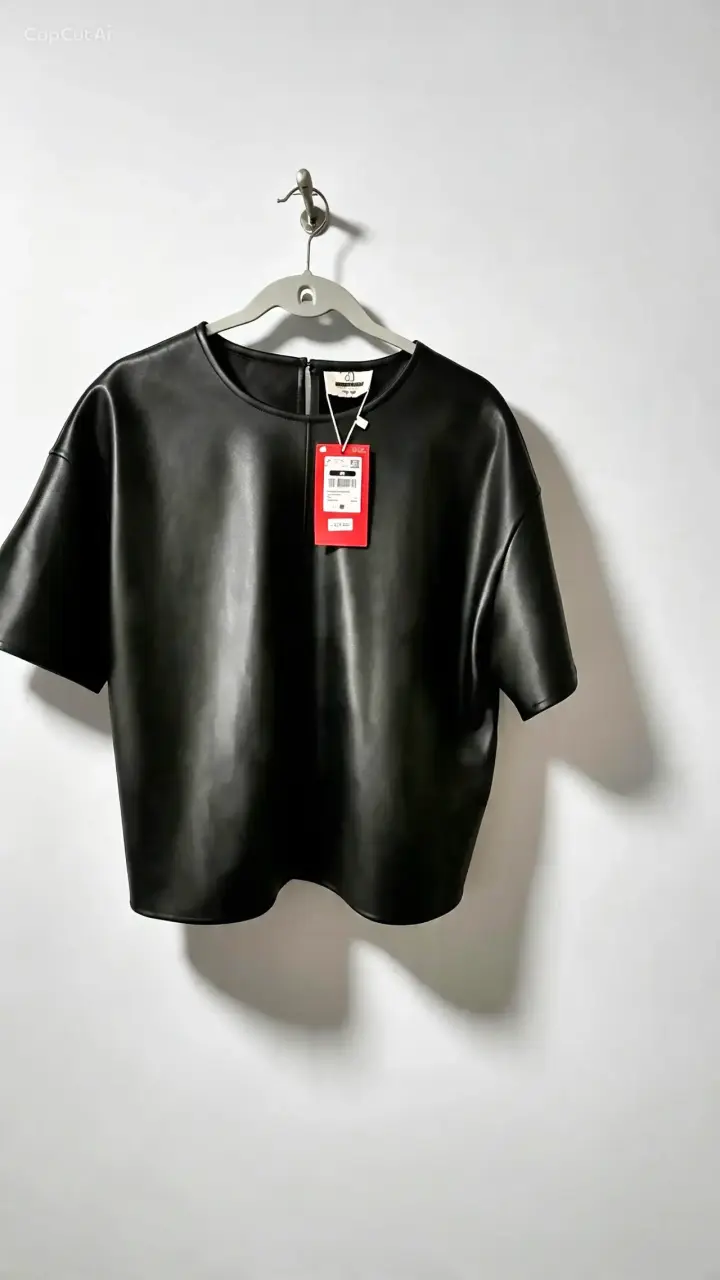 Polera de ecocuero negra con etiqueta - 3