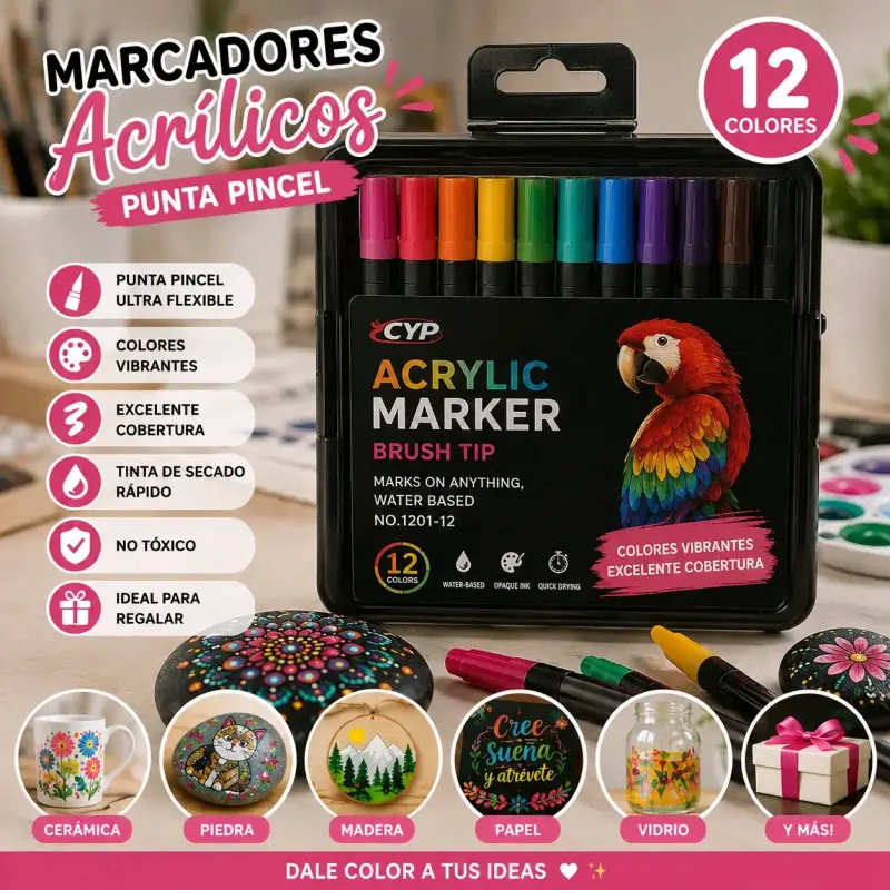 Marcadores acrílicos punta pincel 12 colores