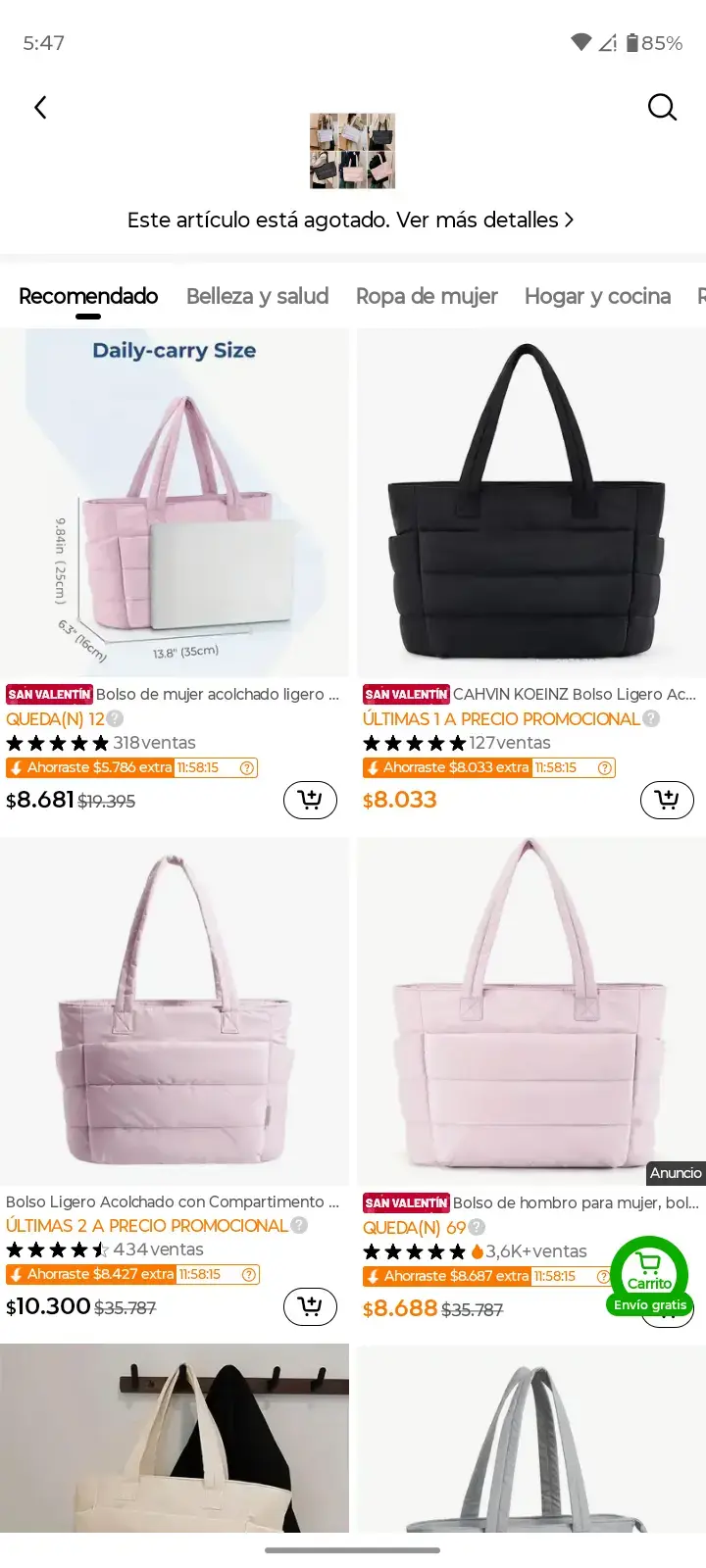 Bolso tote acolchado rosa claro - 2