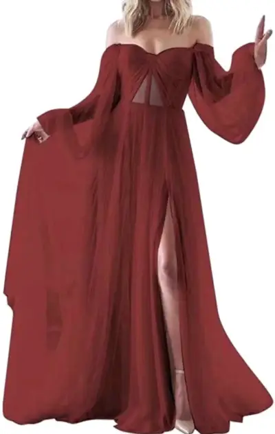 Vestido largo rojo con hombros descubiertos - miniatura 1