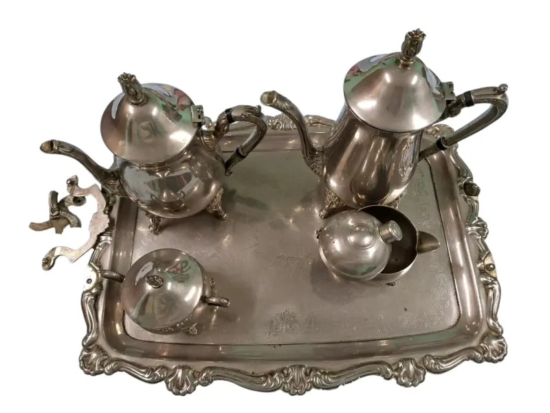 Juego de té de plata vintage con bandeja decorativa
