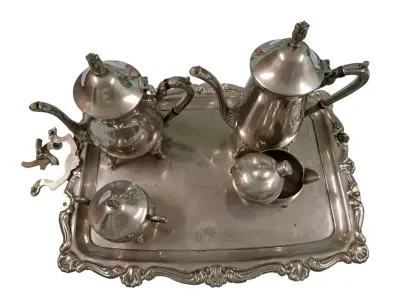 Juego de té de plata vintage con bandeja decorativa - miniatura 1