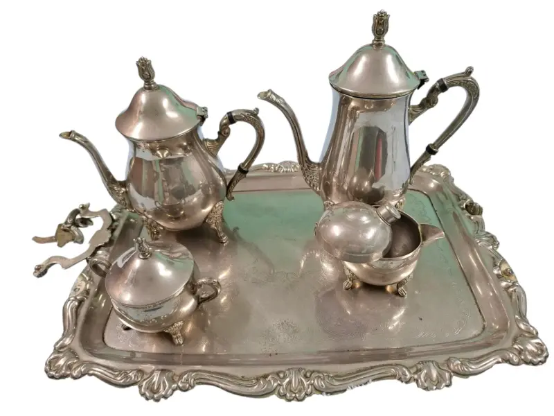 Juego de té de plata vintage con bandeja decorativa - 2