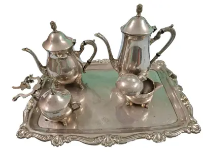 Juego de té de plata vintage con bandeja decorativa - miniatura 2