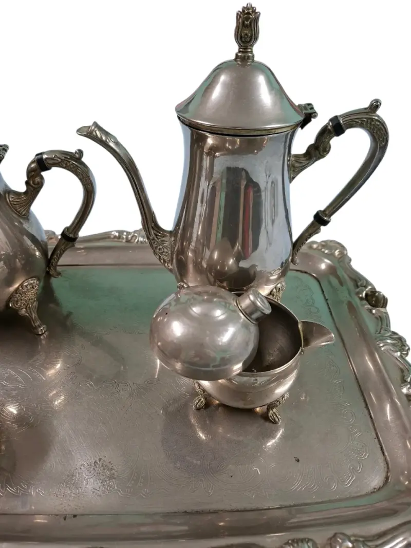 Juego de té de plata vintage con bandeja decorativa - 3