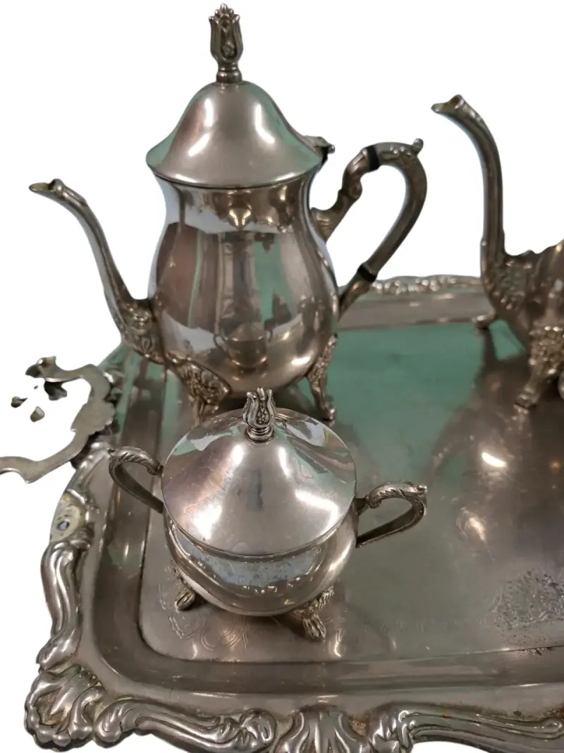 Juego de té de plata vintage con bandeja decorativa - 4