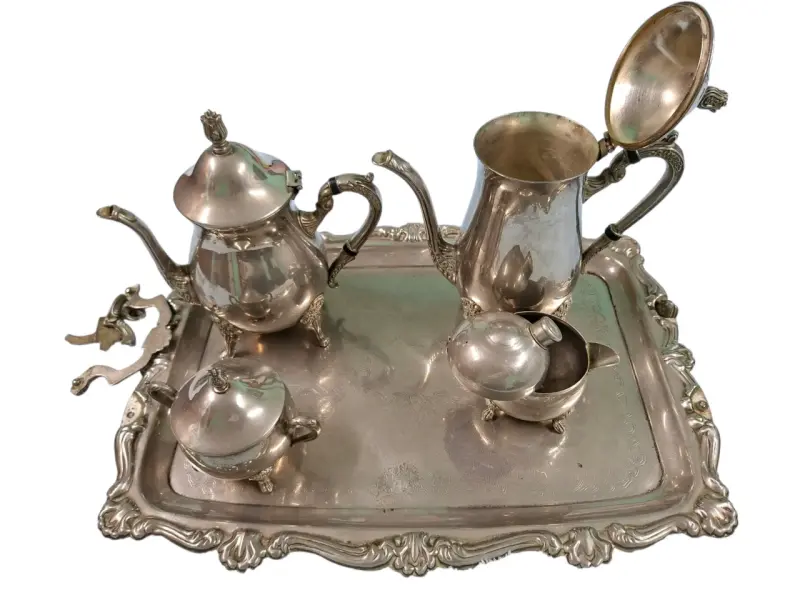 Juego de té de plata vintage con bandeja decorativa - 5