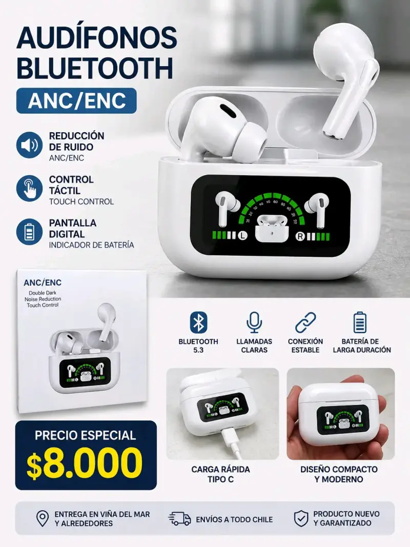 Audífonos Bluetooth ANC/ENC con Pantalla Digital