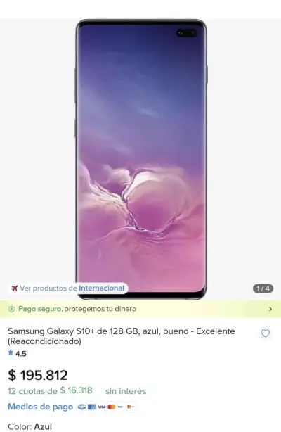 Samsung Galaxy S10+ 128GB Azul Reacondicionado - miniatura 1