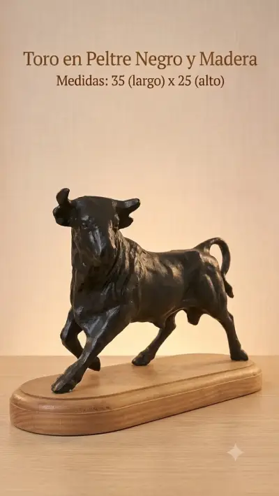 Escultura de toro en peltre negro y madera - miniatura 1