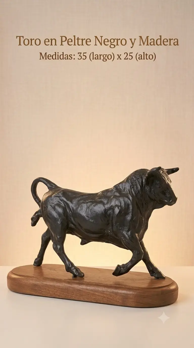 Escultura de toro en peltre negro y madera - 2