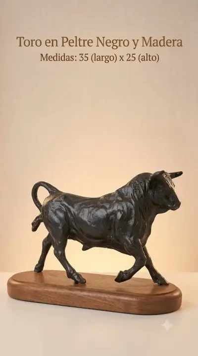 Escultura de toro en peltre negro y madera - miniatura 2
