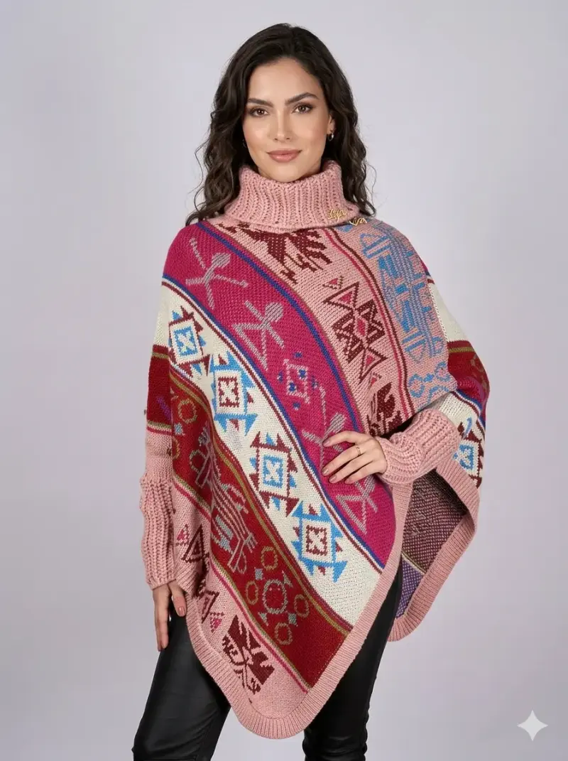 Poncho tejido con diseño étnico en tonos rosados - 1