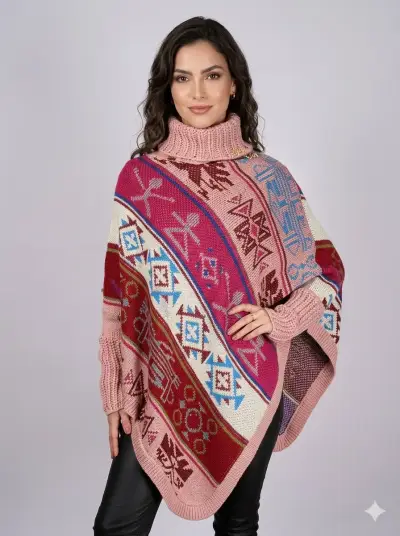 Poncho tejido con diseño étnico en tonos rosados - miniatura 1