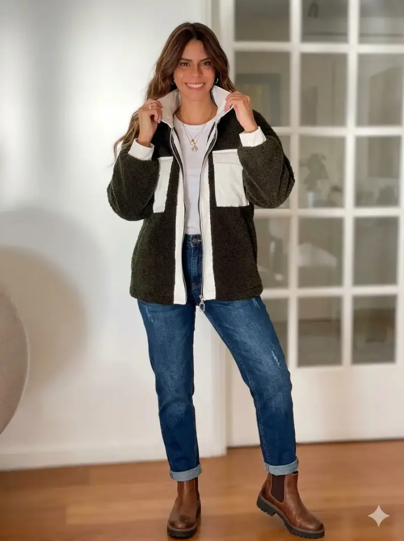 Chaqueta corderito bolsillos blancos para mujer