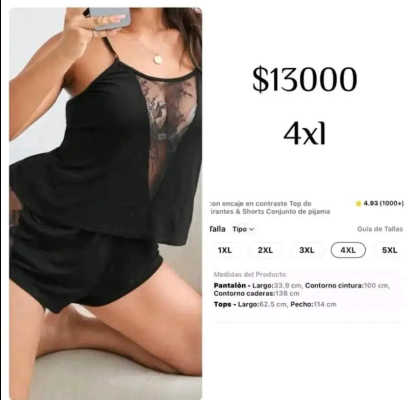 Conjunto de pijama negro con encaje talla 4XL