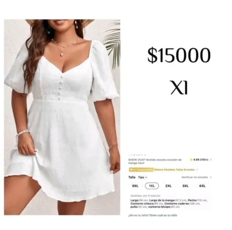 Vestido blanco escote corazón manga farol talla XL