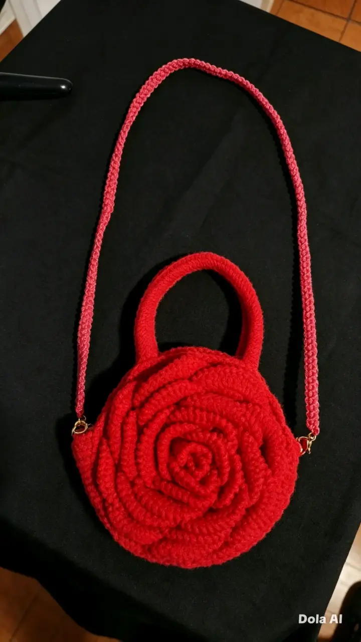 Bolso tejido rojo con diseño de rosa - 1
