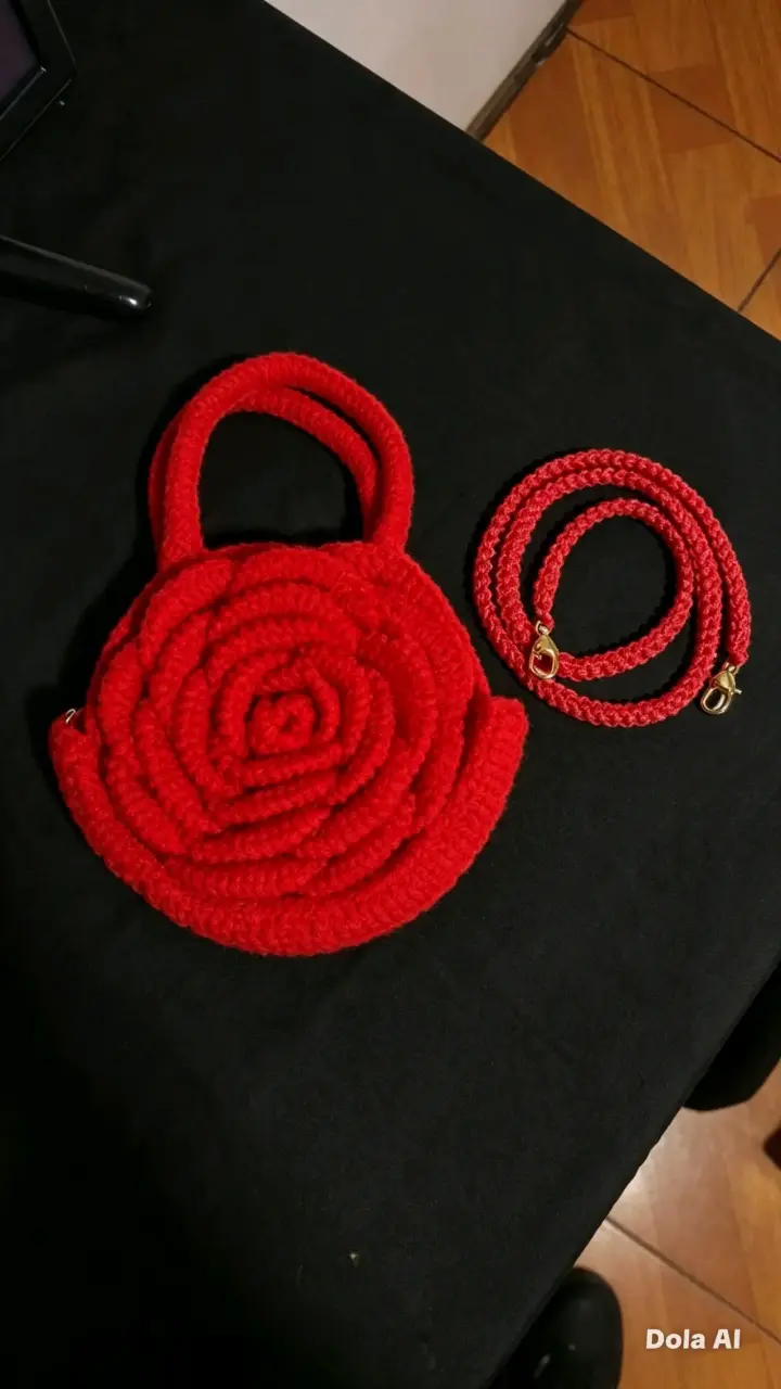 Bolso tejido rojo con diseño de rosa - 2